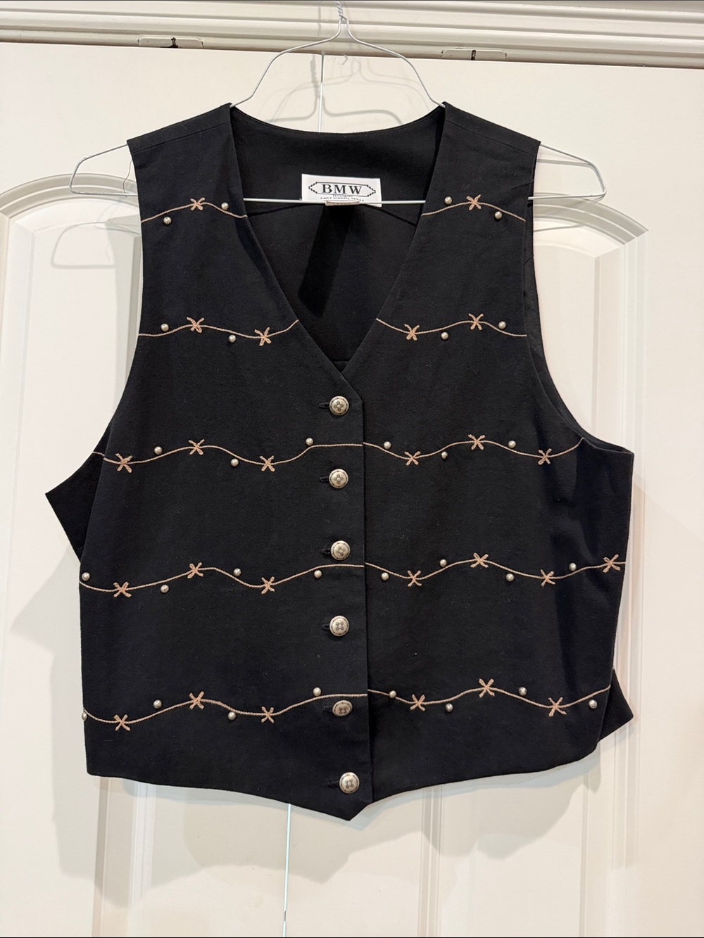 BMW Vintage Black Vest with Beige Embroidered Wave Accents